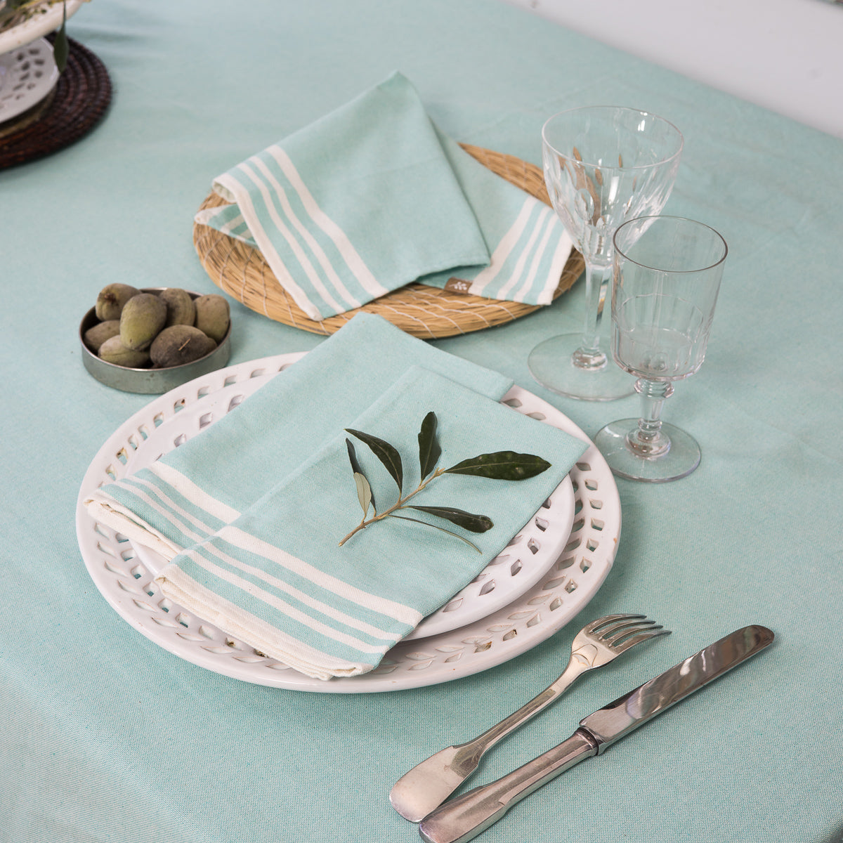 Mahdia - Nappe + 8 Serviettes - Vert D'Eau