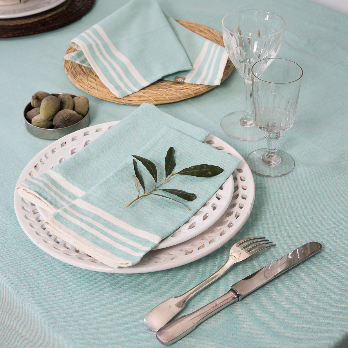 Mahdia - Nappe + 8 Serviettes - Vert D'Eau