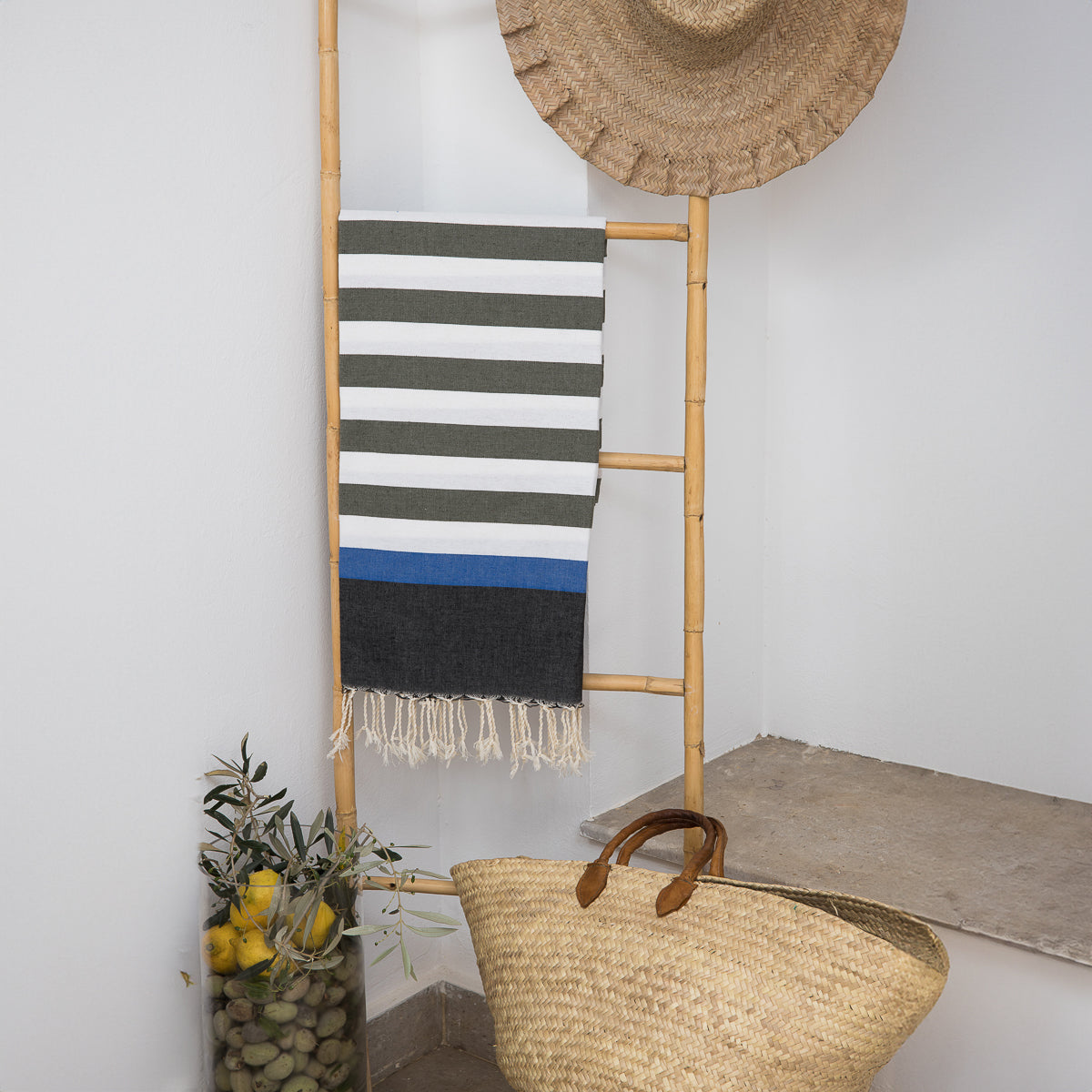 Arcachon - Fouta Tricolore - Vert Kaki/Noir/Bleu