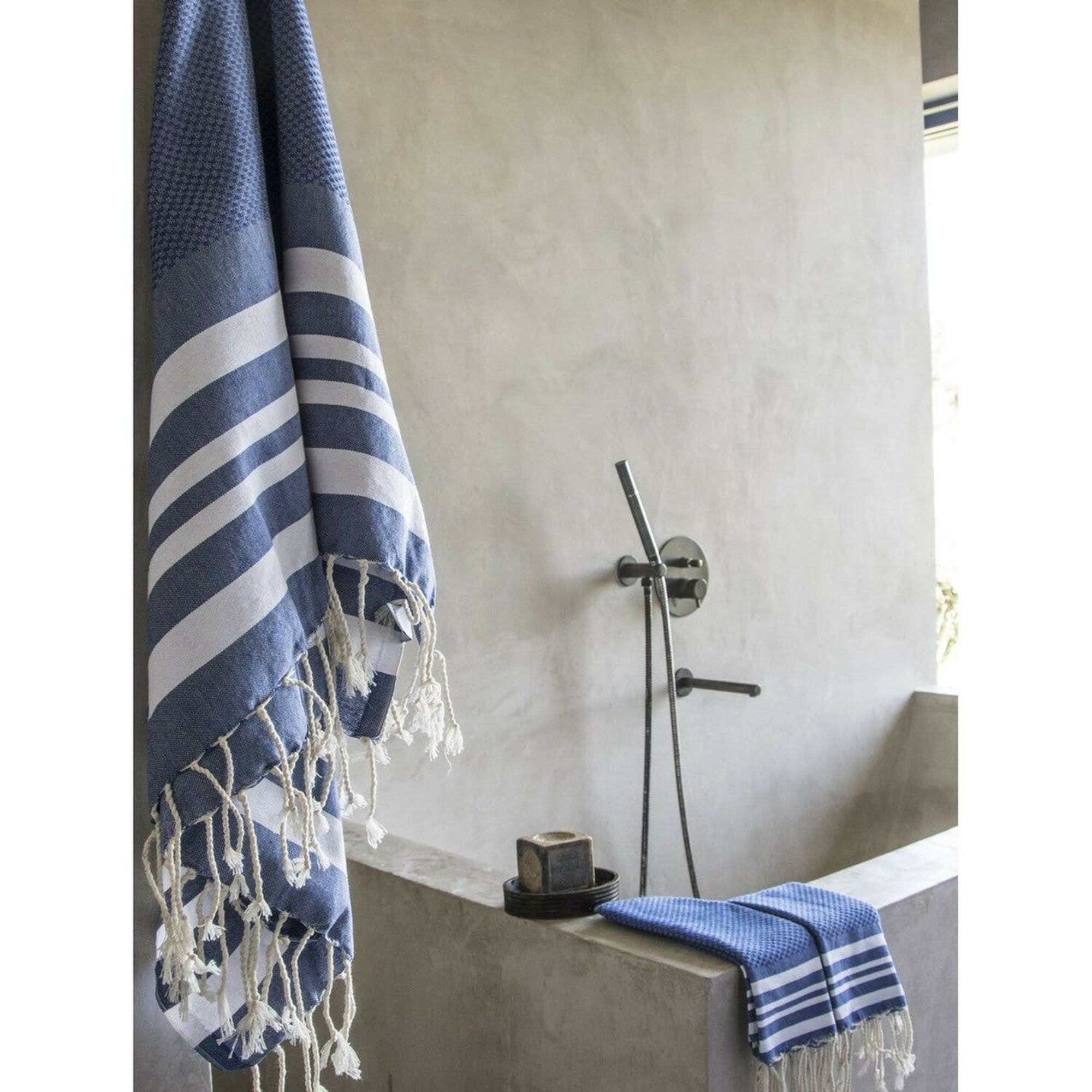 Hamptons - Foutas De Bain (1 Grande et 2 Petites) - Bleu Grec/Blanc