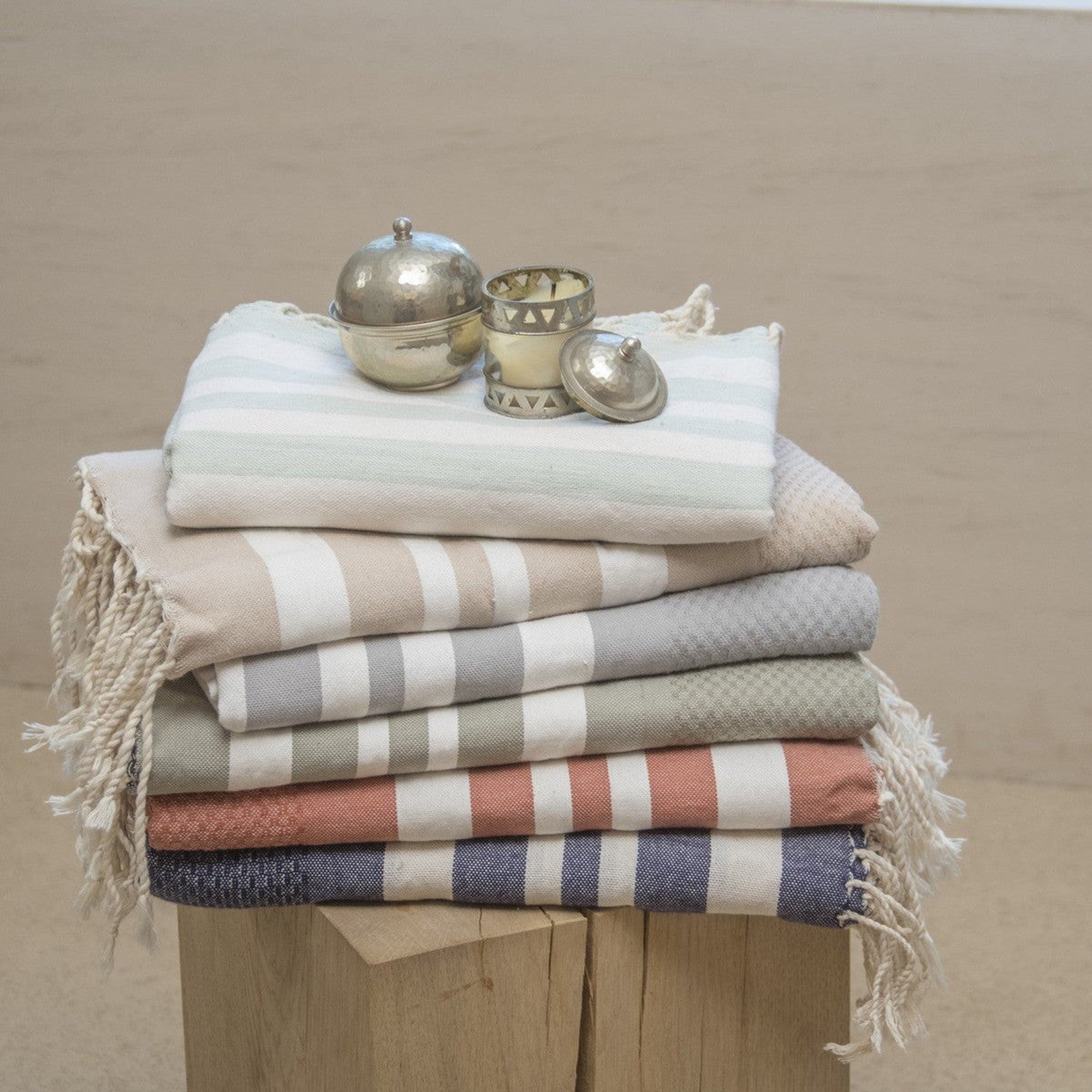 Hamptons - Foutas De Bain (1 Grande et 2 Petites) - Bleu Grec/Blanc