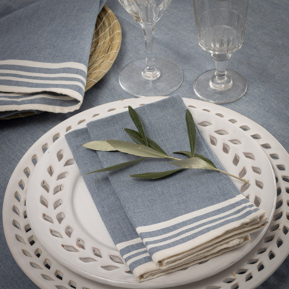 Mahdia - Nappe + 10 Serviettes - Bleu Jean