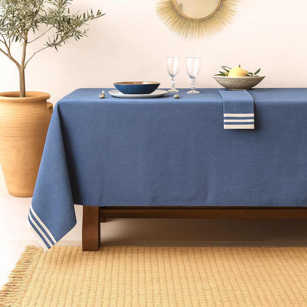 Mahdia - Nappe + 8 Serviettes - Bleu Grec
