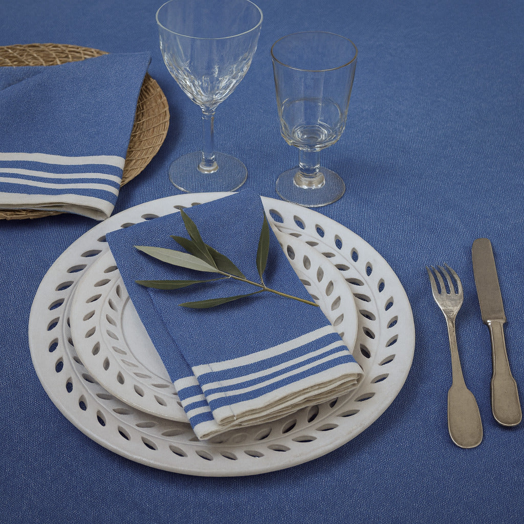 Mahdia - Nappe + 8 Serviettes - Bleu Grec
