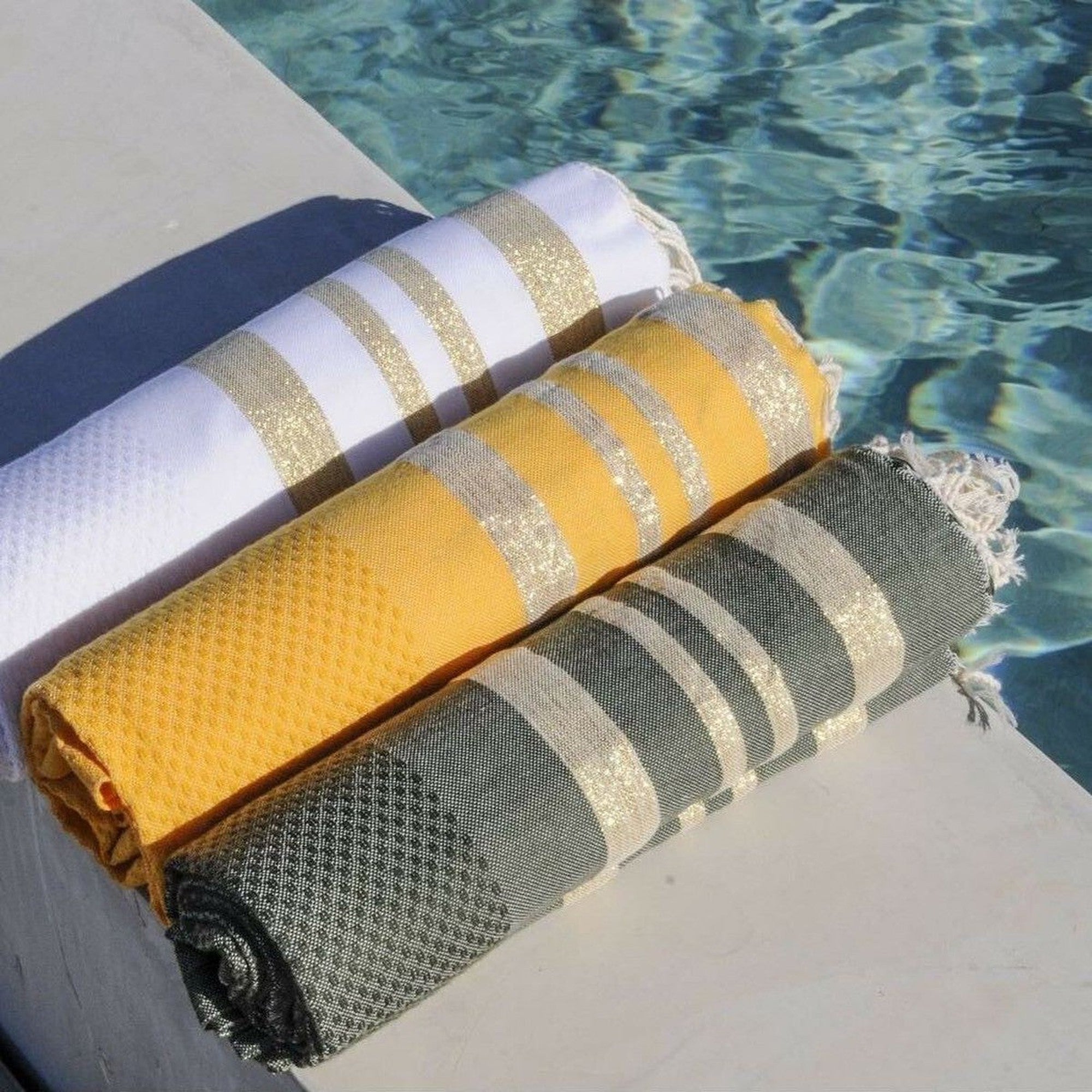 Hamptons - Fouta Nid D'Abeille - Vert Kaki/Or