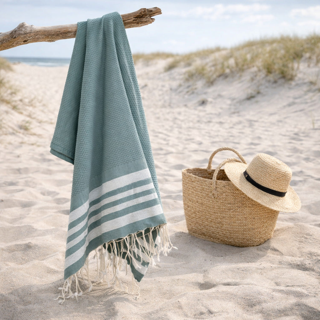 Hamptons - Fouta Nid D'Abeille - Vert Sauge/Argent