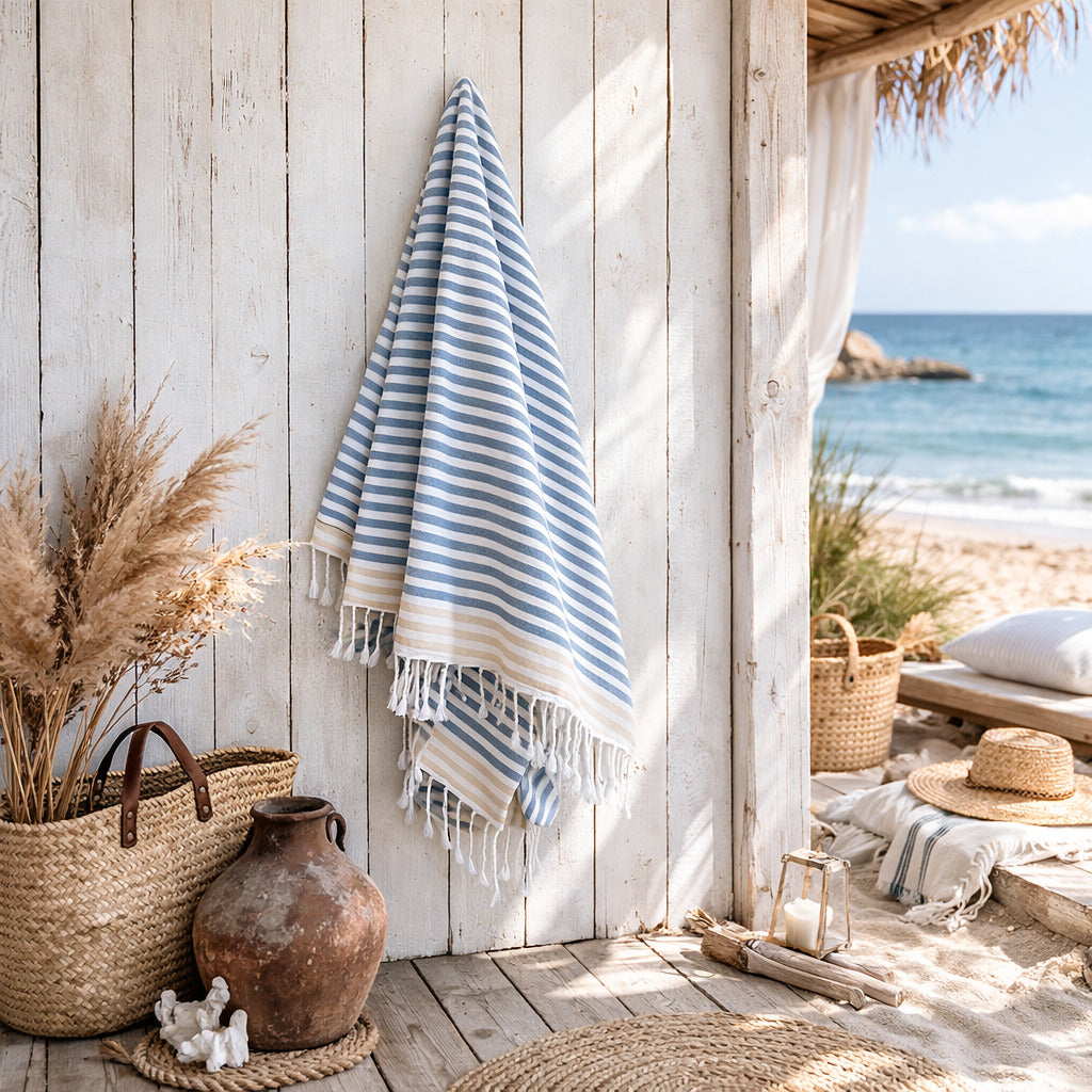 Bora Bora - Fouta Paréo - Bleu Orage/Beige