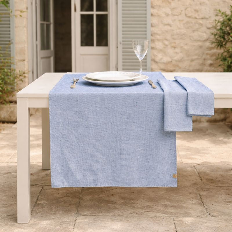 Colette - Chemin De Table + 4 Serviettes - Bleu Grec