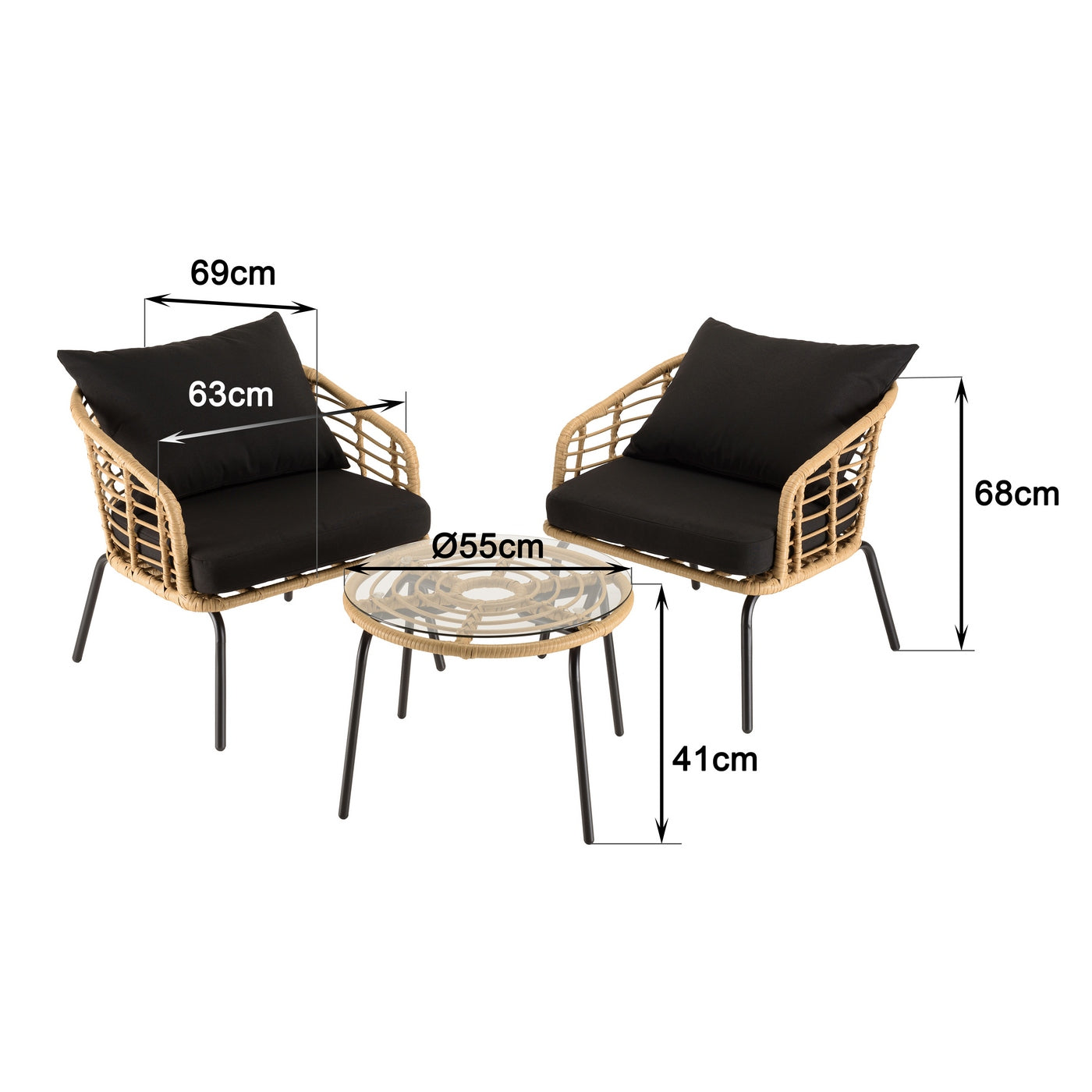 Malo - Lot De 2 Fauteuils Jardin - Noir/Bois Clair