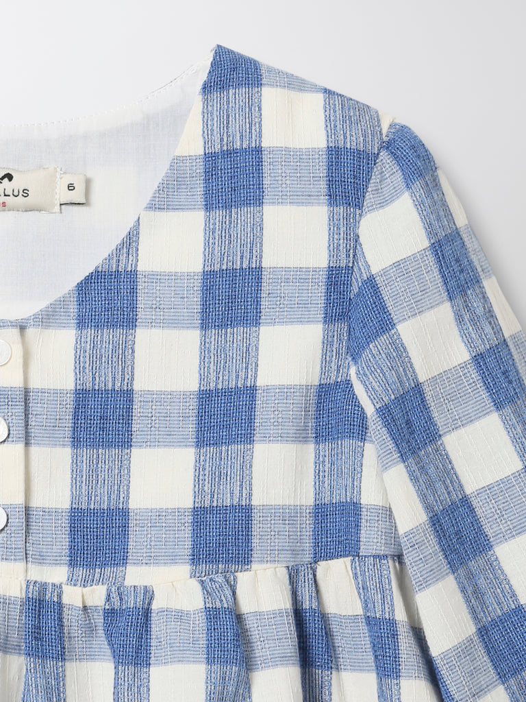 Cyrillus - Robe Housse Col V - Bleu Moyen Carreaux - Fille