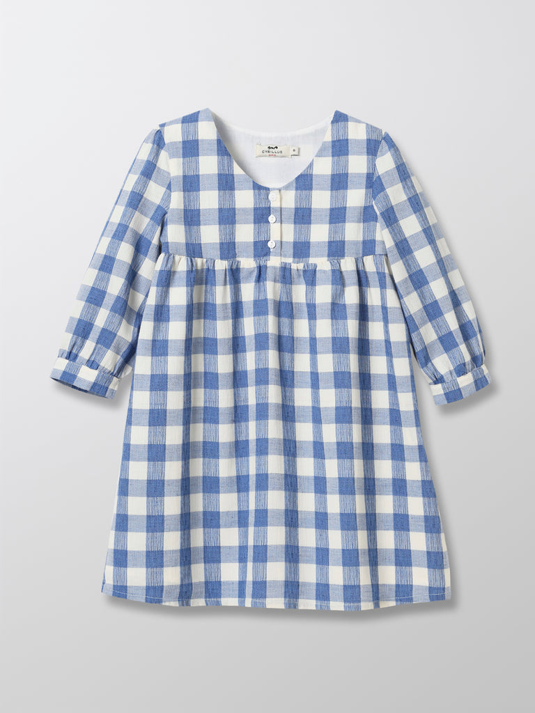 Cyrillus - Robe Housse Col V - Bleu Moyen Carreaux - Fille