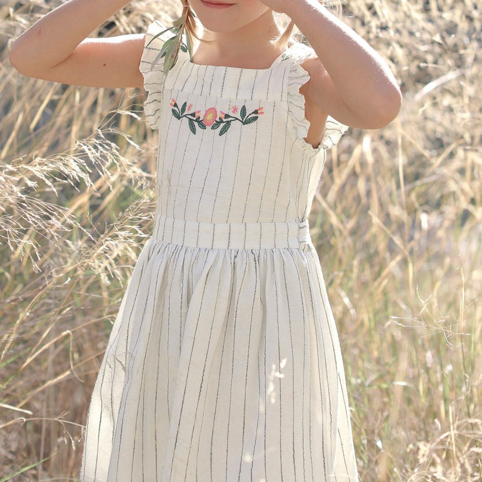 Robe Encol Carré - Blanc Clair Raye - Fille