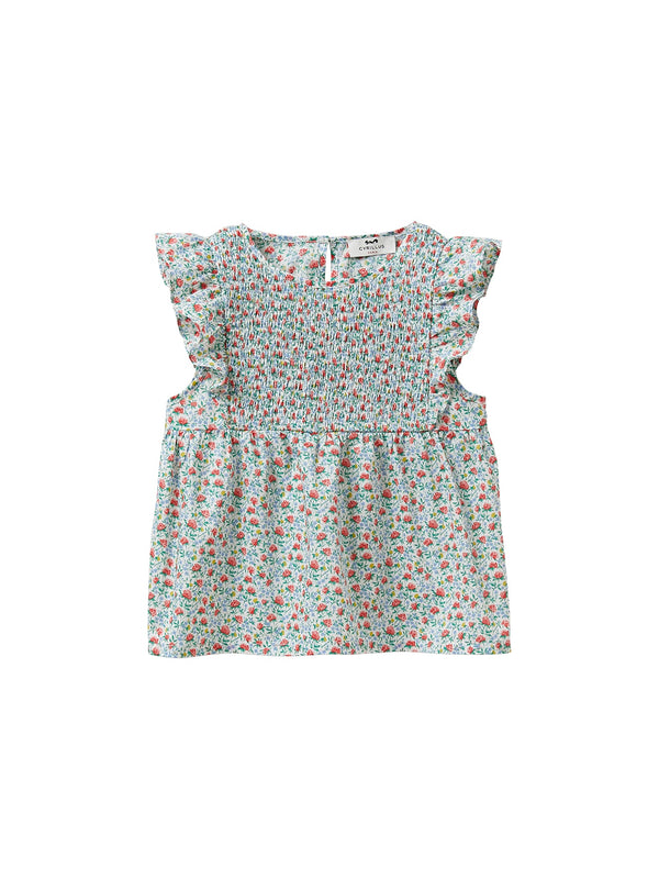 Blouse Plastron Smocké - Bleu Clair Imprime - Fille