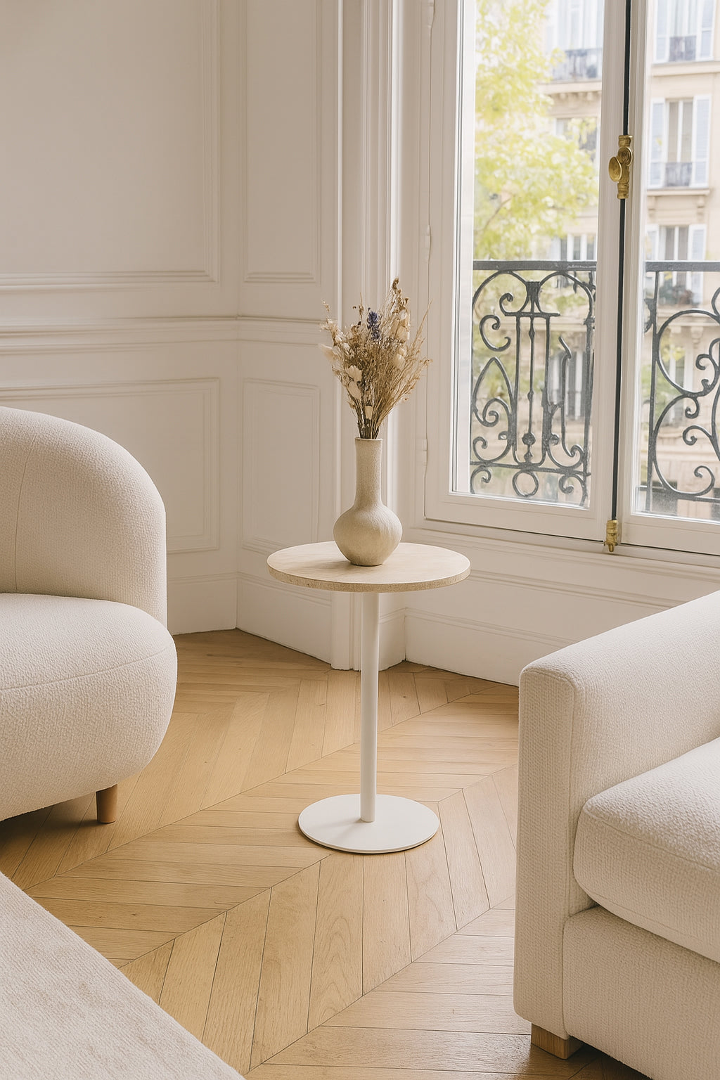 Travi - Meuble D'Appoint - Effet Travertin - Beige/Blanc