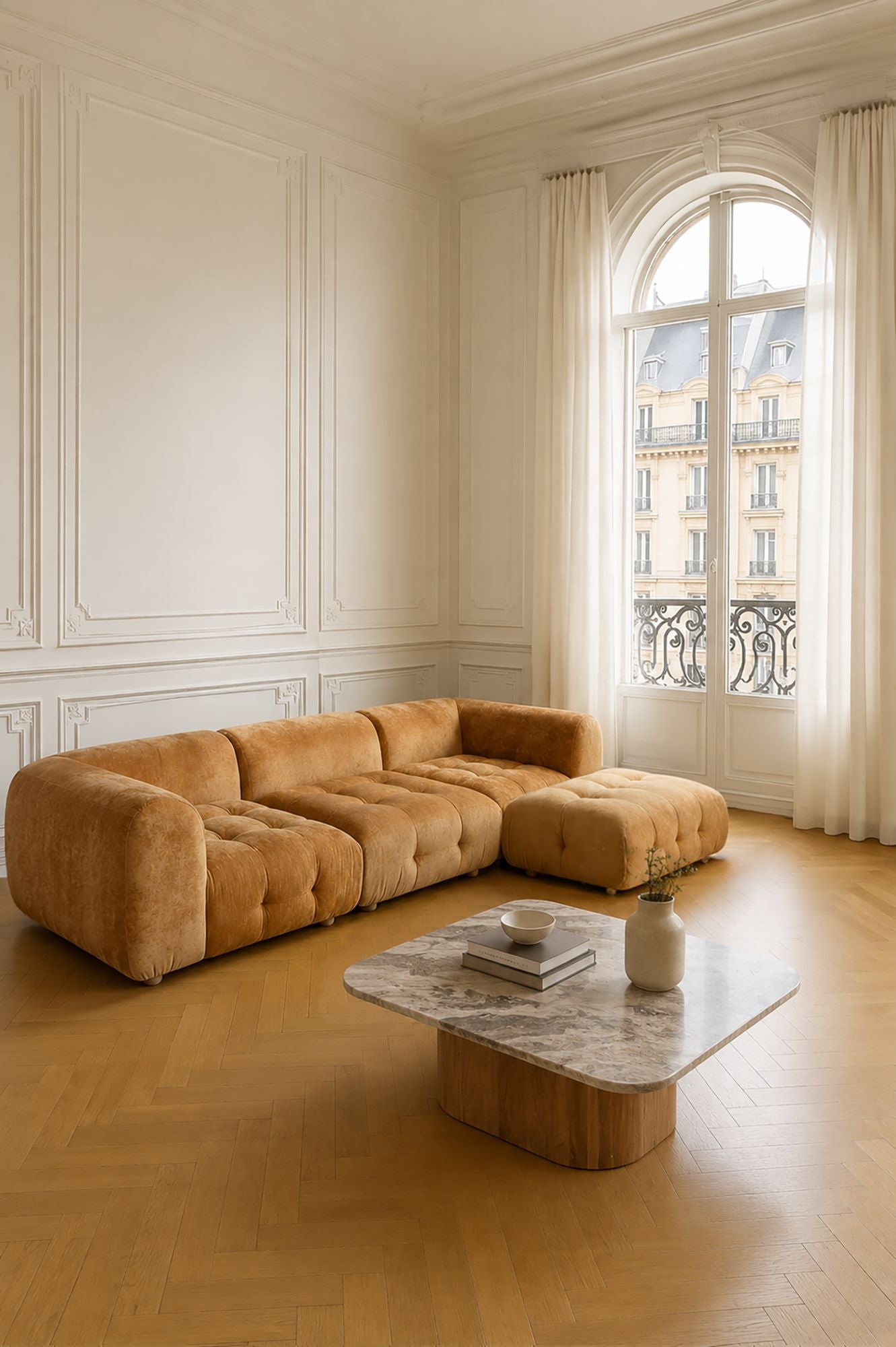 Twiggy - Canapé Angle 4 Modules - Velours Pané - Ocre Orangé