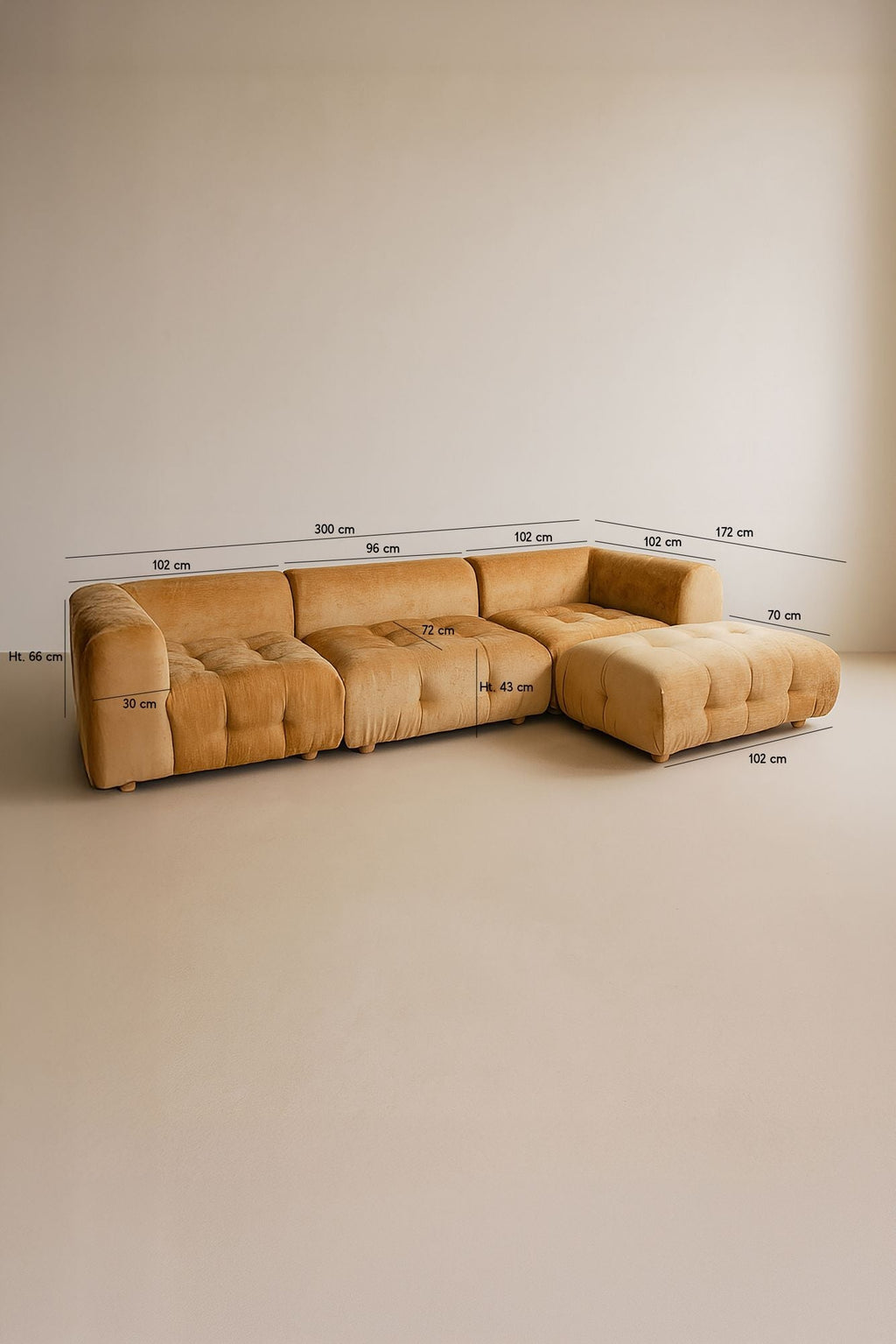 Twiggy - Canapé Angle 4 Modules - Velours Pané - Ocre Orangé