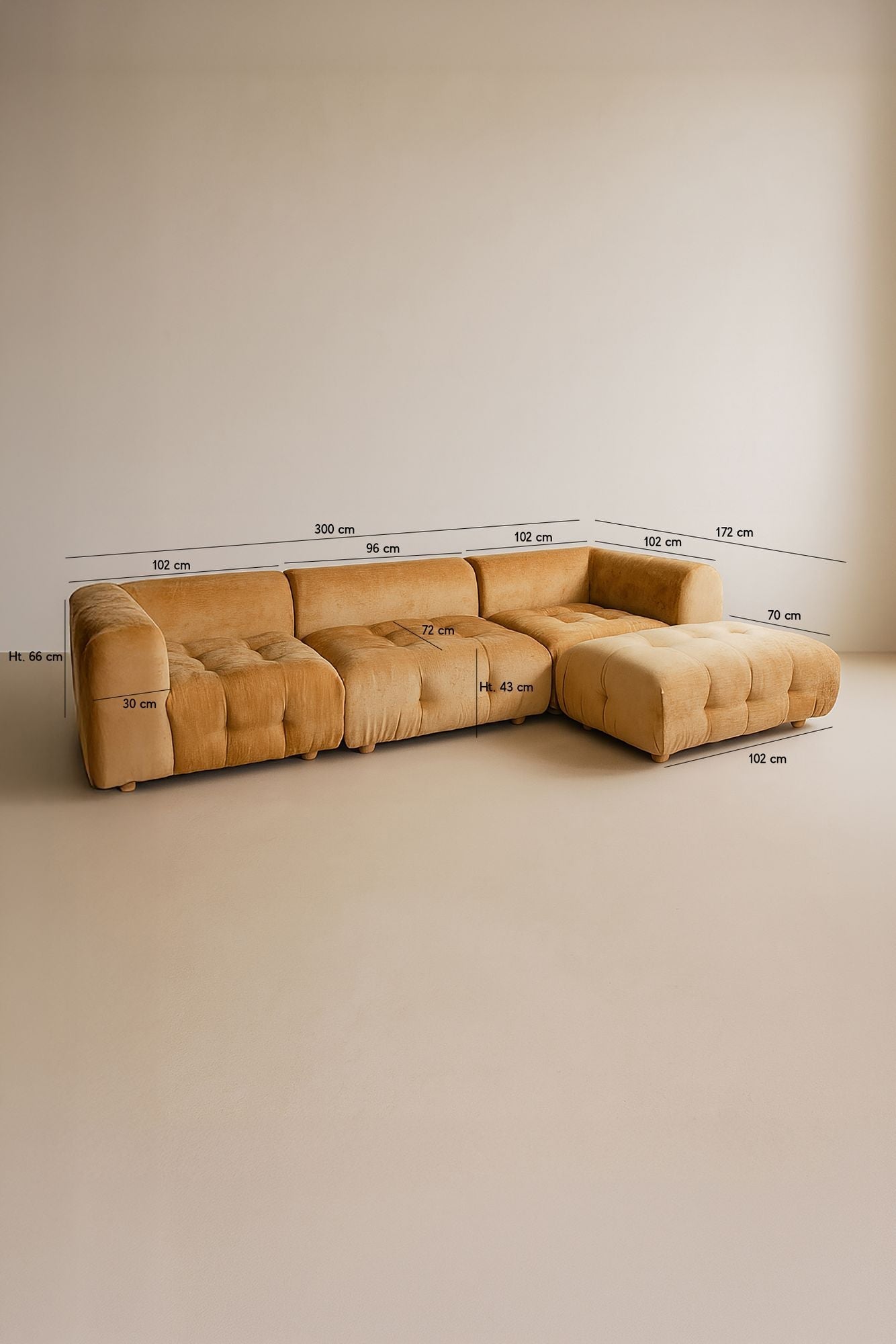 Twiggy - Canapé Angle 4 Modules - Velours Pané - Ocre Orangé