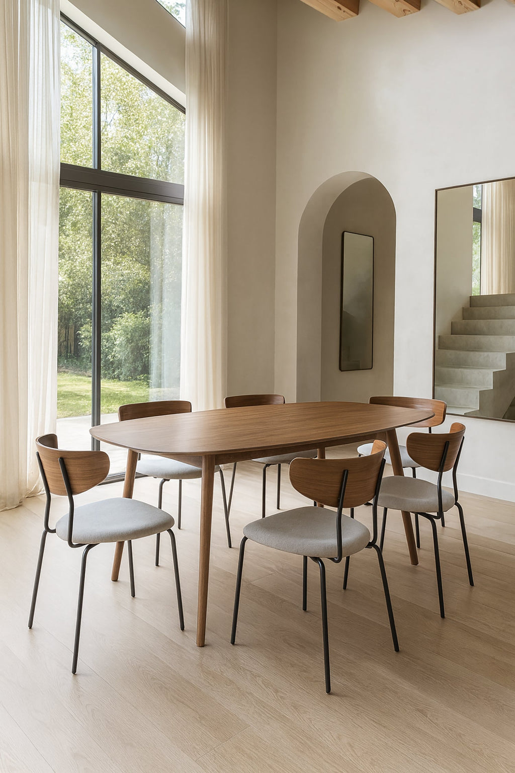 Riva - Ensemble Table Rectangle - Effet Noyer/Velours/Metal - Ecru/Noyer
