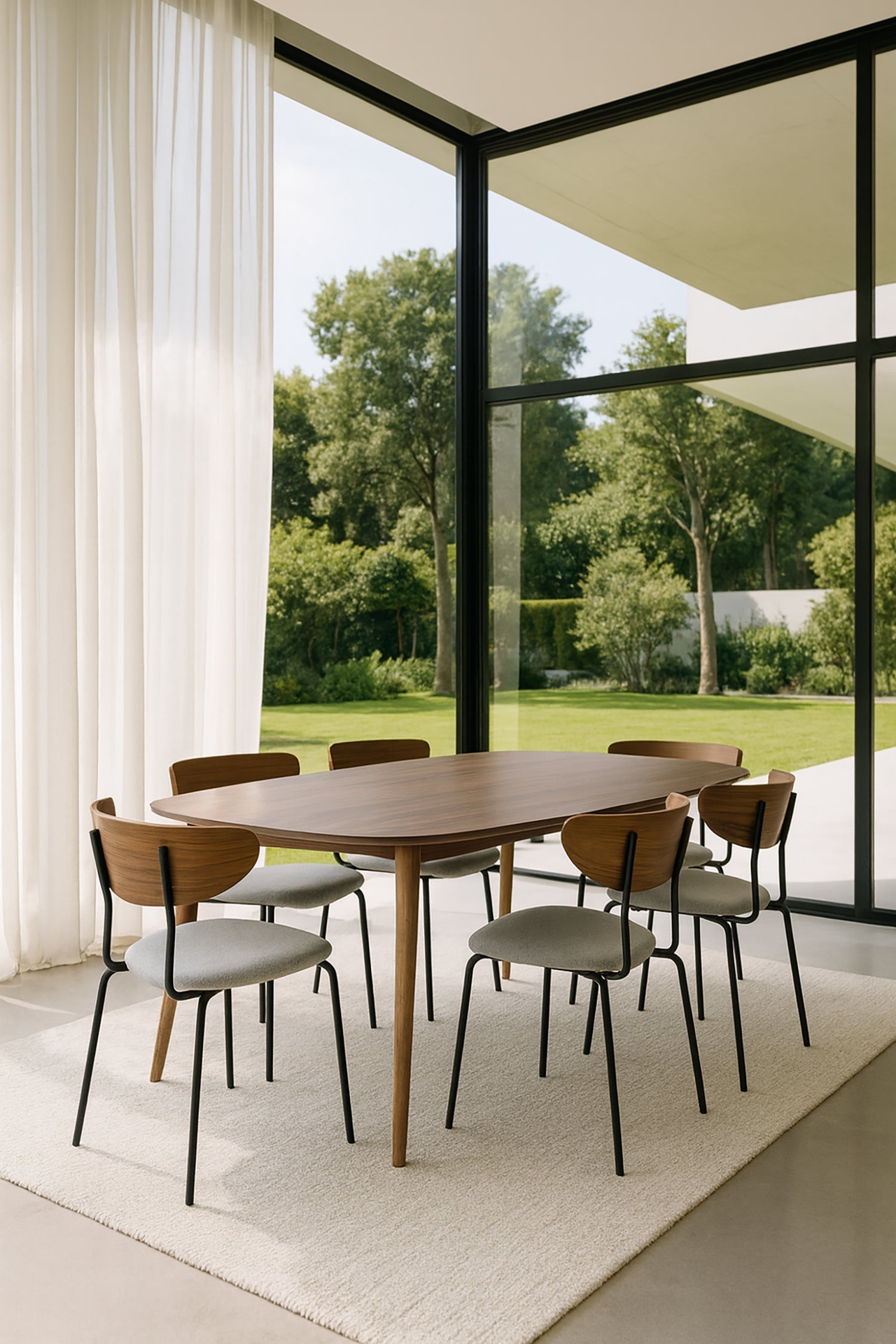 Riva - Ensemble Table Rectangle - Effet Noyer/Velours/Metal - Ecru/Noyer