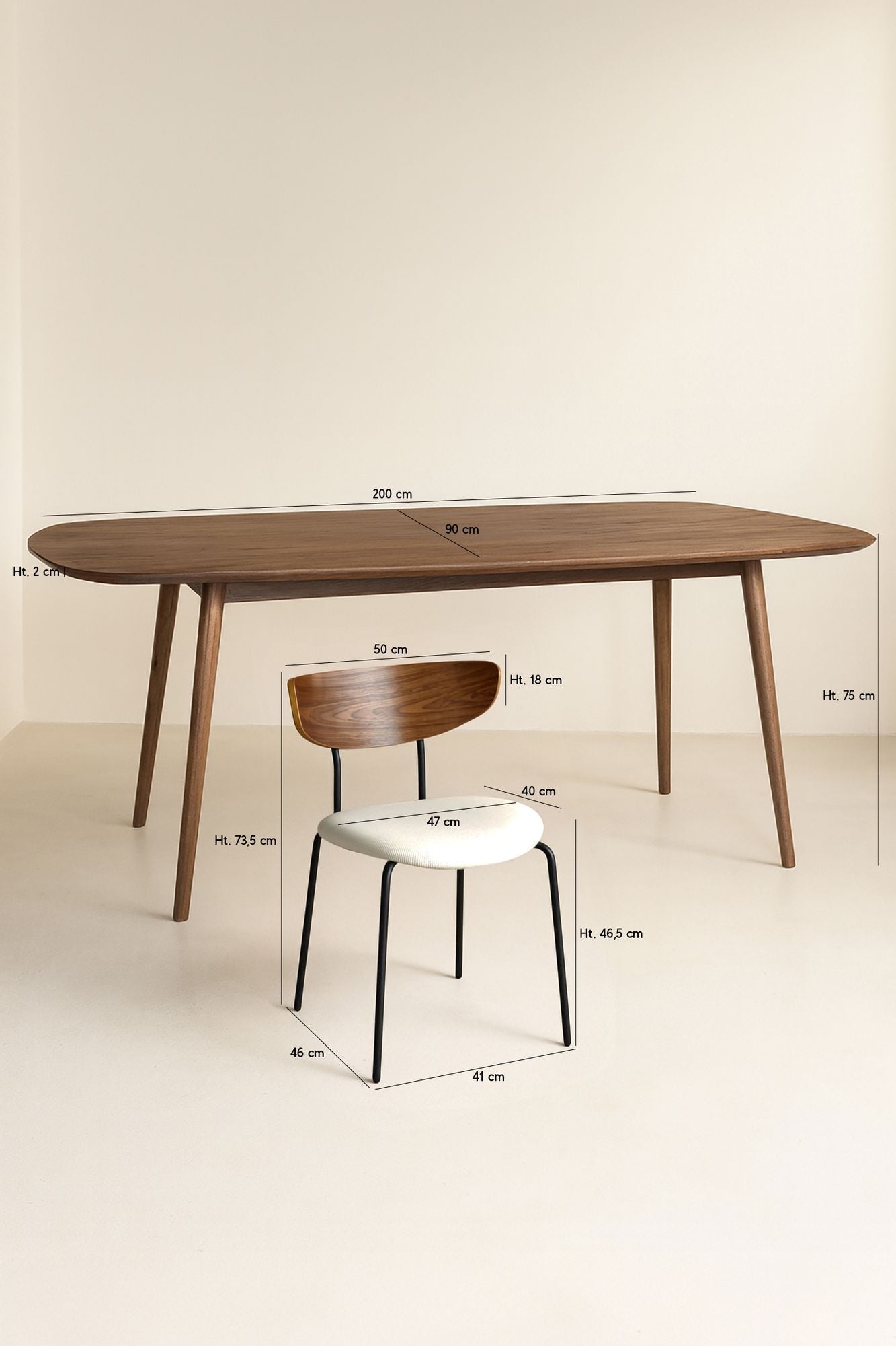 Riva - Ensemble Table Rectangle - Effet Noyer/Velours/Metal - Ecru/Noyer