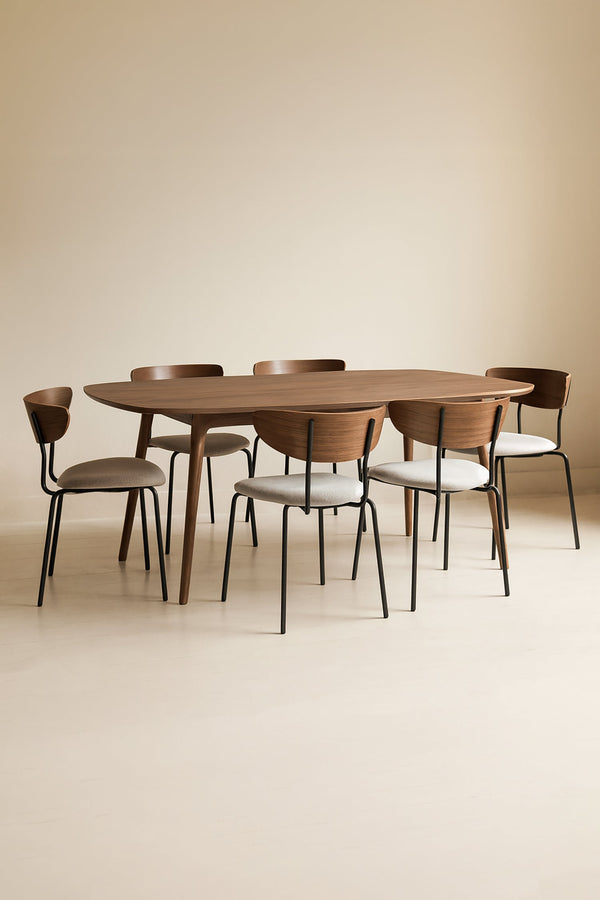 Riva - Ensemble Table Rectangle - Effet Noyer/Velours/Metal - Ecru/Noyer