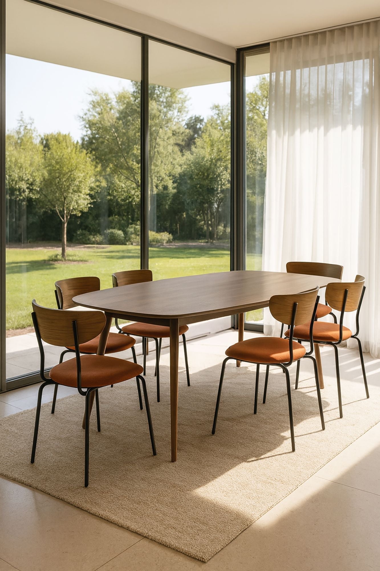 Metal - Ensemble Table Rectangle + 6 Chaises - Velours Cotelé/Metal/Bois - Terrac