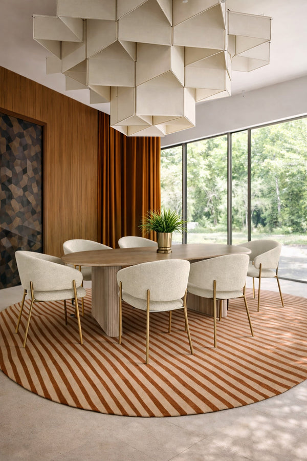 Quito - Ensemble Table + 6 Fauteuils De Table - Tissu Tweed/Effet Bois - Ecru/Naturel