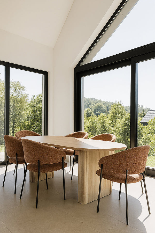 Quito - Ensemble Table + 6 Fauteuils De Table - Tissu Tweed/Effet Bois - Brique/Naturel