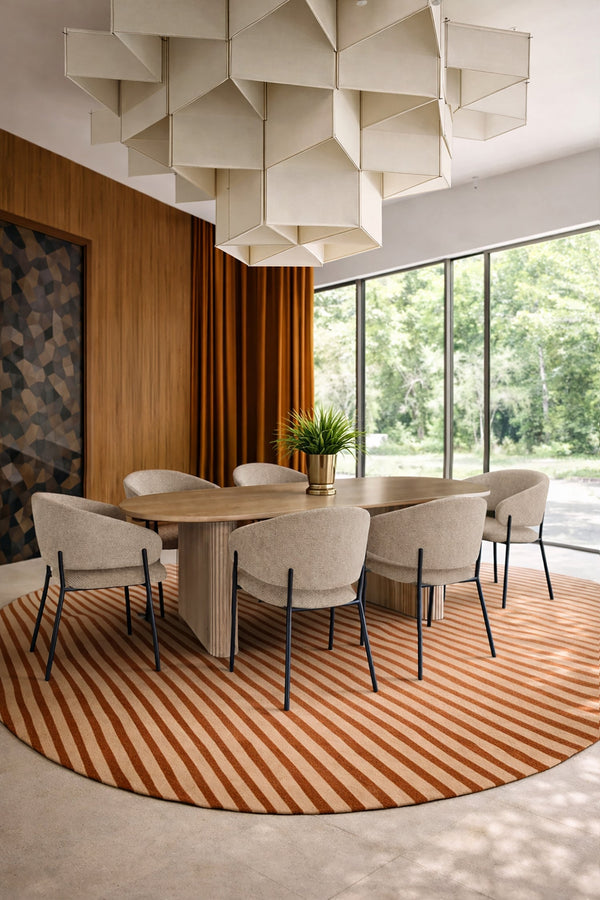 Quito - Ensemble Table + 6 Fauteuils De Table - Tissu Tweed/Effet Bois - Latte/Naturel