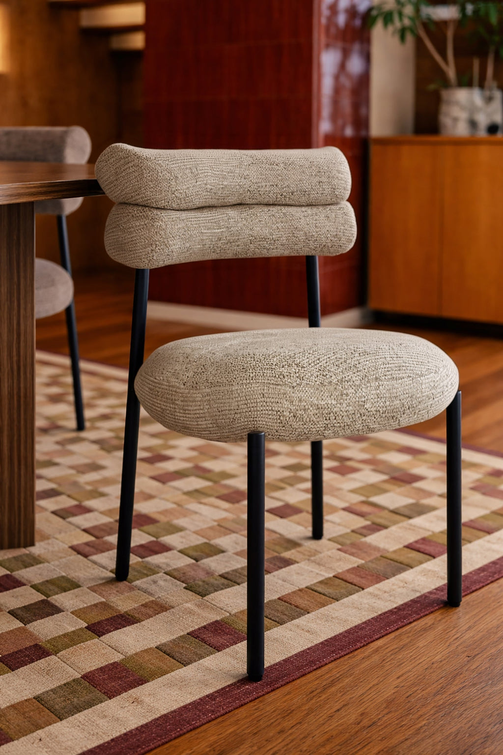 Gina - Ensemble Table Ovale 230Cm+6 Chaises - Tweed/Métal - Beige/Noir
