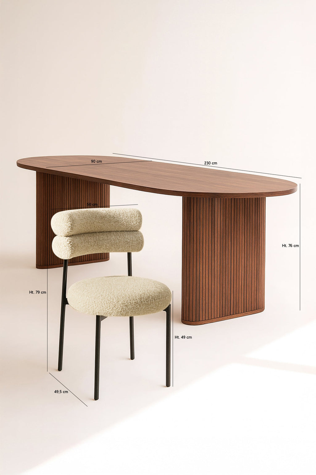 Gina - Ensemble Table Ovale 230Cm+6 Chaises - Tweed/Métal - Beige/Noir