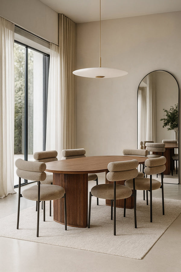 Gina - Ensemble Table Ova Le 230Cm +6Chaises - Tweed/Métal - Noir/Moka