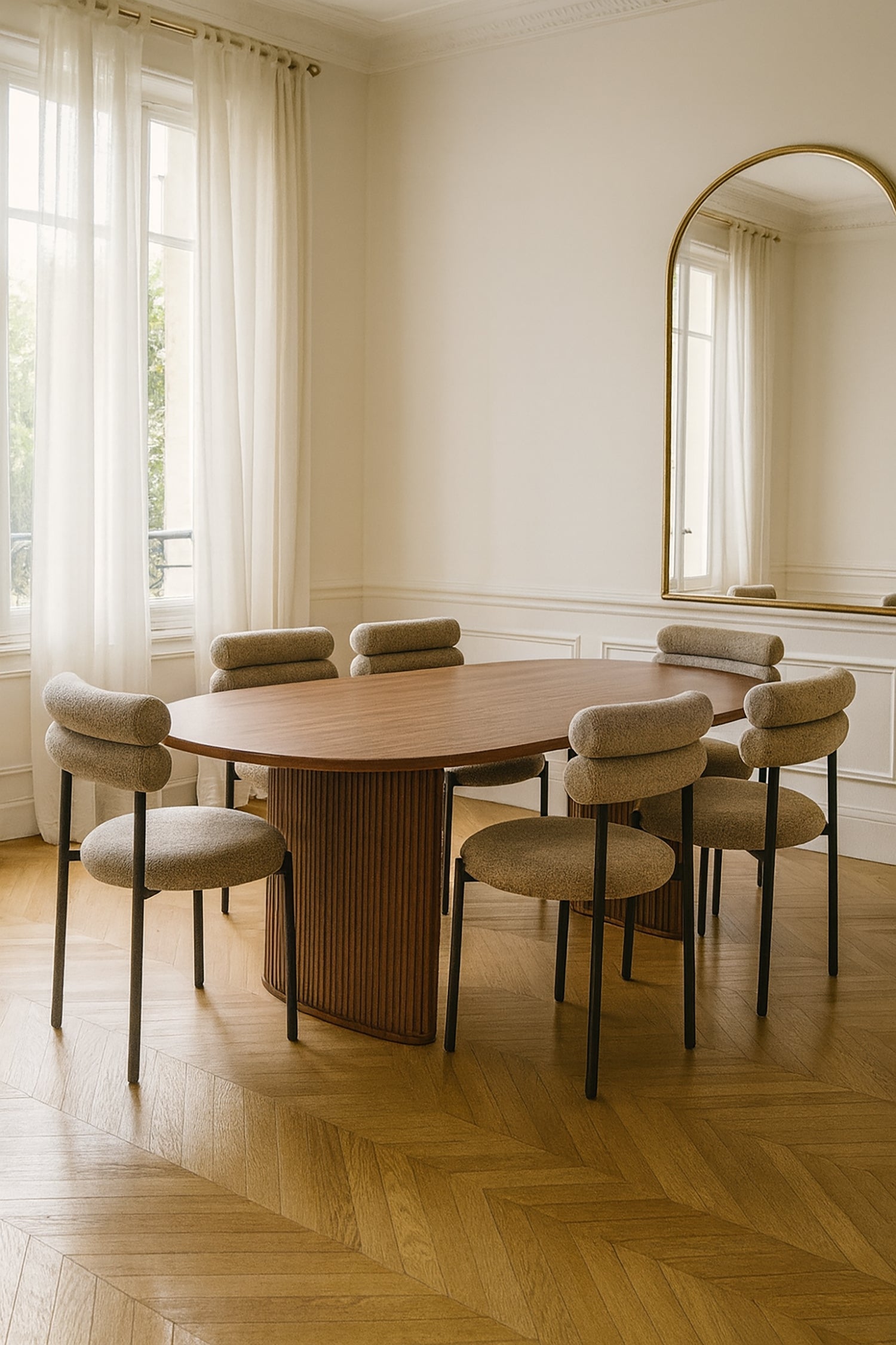 Gina - Ensemble Table Ova Le 230Cm +6Chaises - Tweed/Métal - Noir/Moka