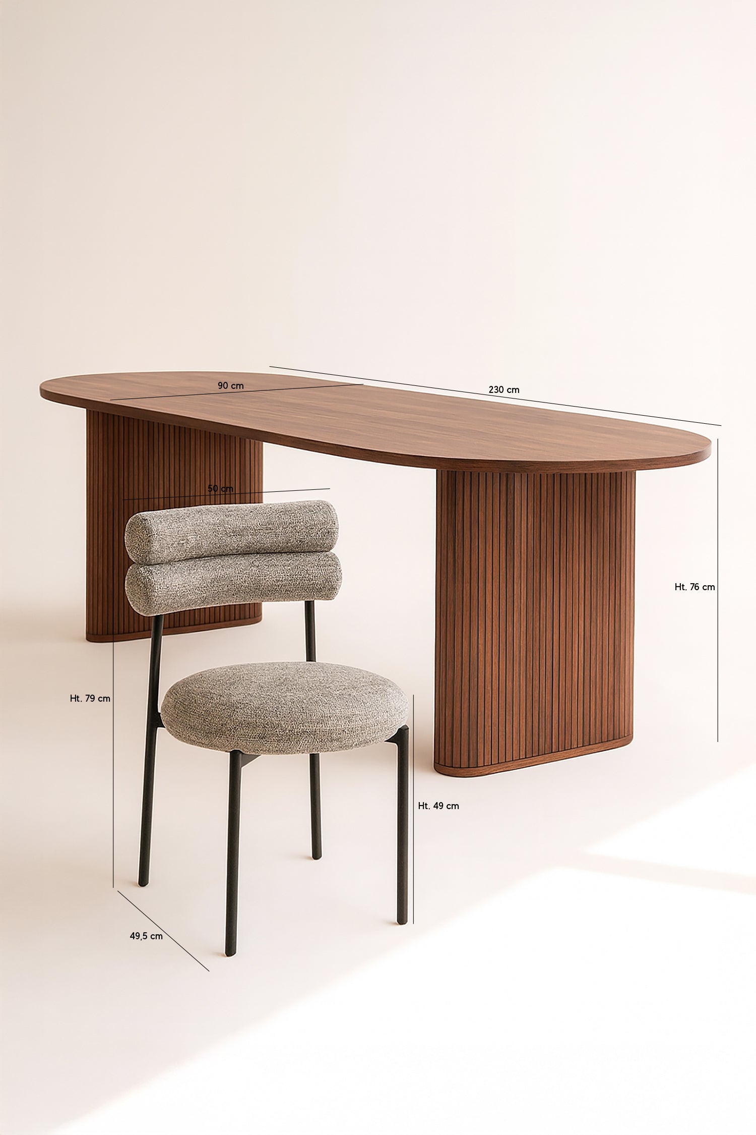 Gina - Ensemble Table Ova Le 230Cm +6Chaises - Tweed/Métal - Noir/Moka