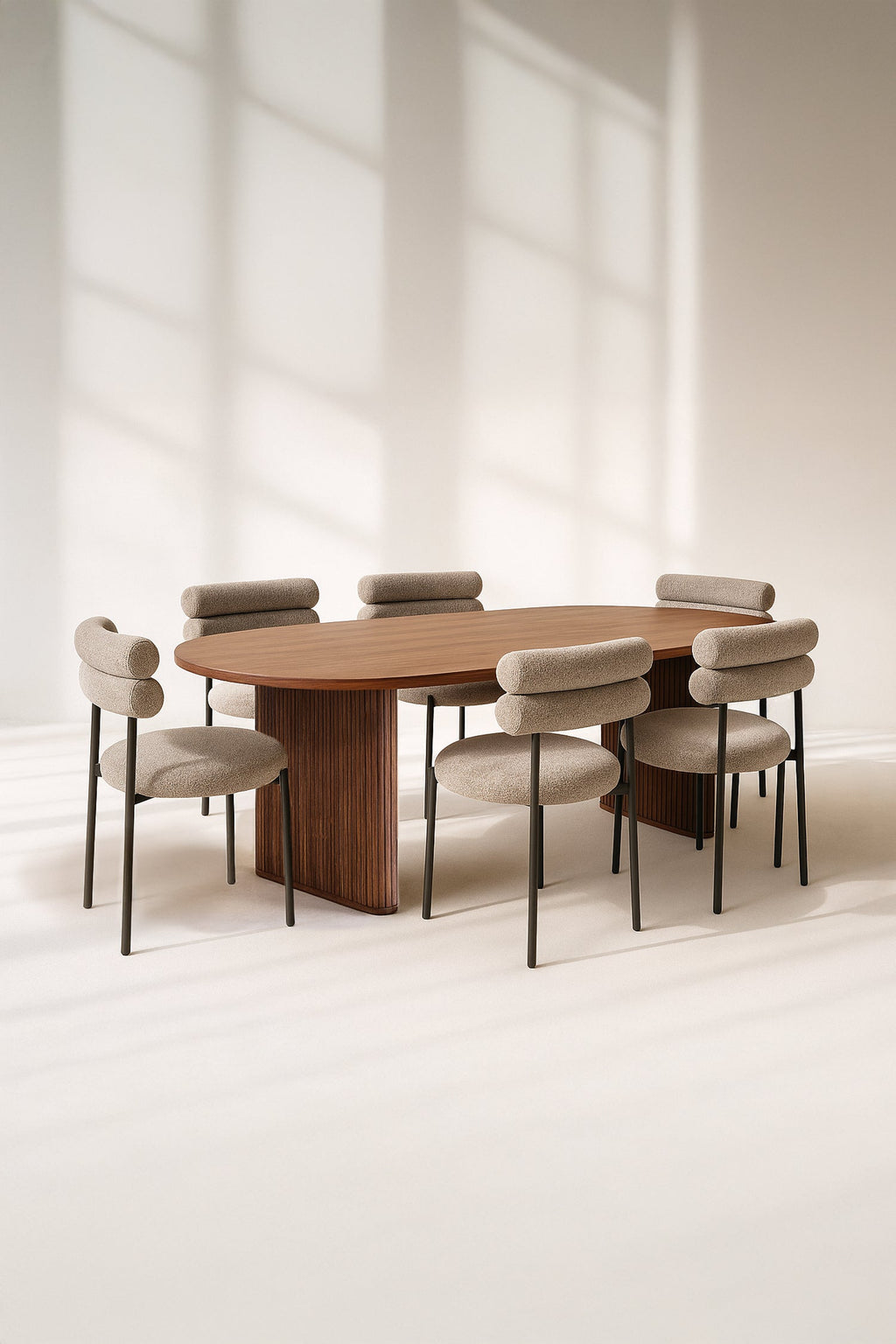 Gina - Ensemble Table Ova Le 230Cm +6Chaises - Tweed/Métal - Noir/Moka