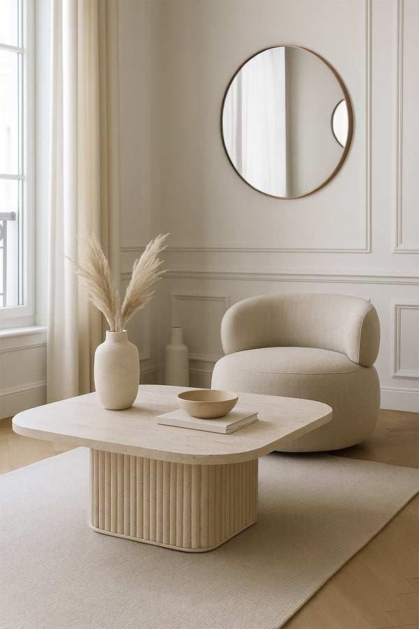 Susan - Table Basse Carré - Effet Travertin - Naturel