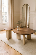Amber - Table Basse Ronde - Effet Travertin - Noyer
