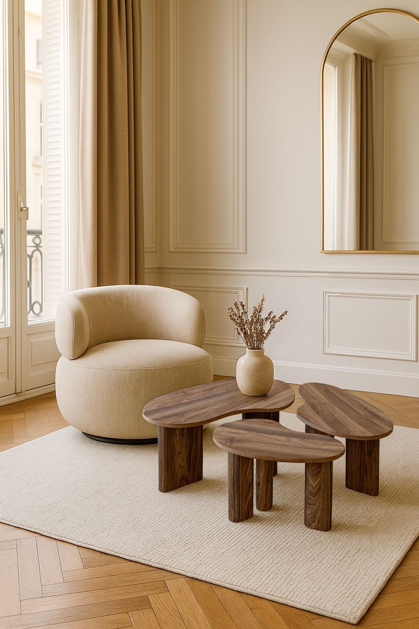 Charlie - Lot De 3 Tables Basses Organiques - Effet Noyer - Noyer