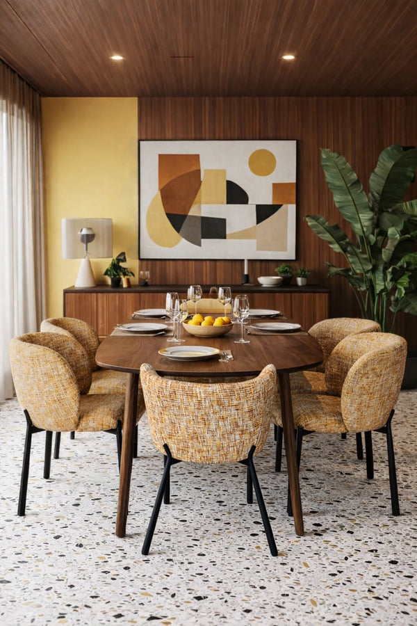Suzan - Ensemble Table + 6 Fauteuils De Table - Tissu/Mdf - Ocre