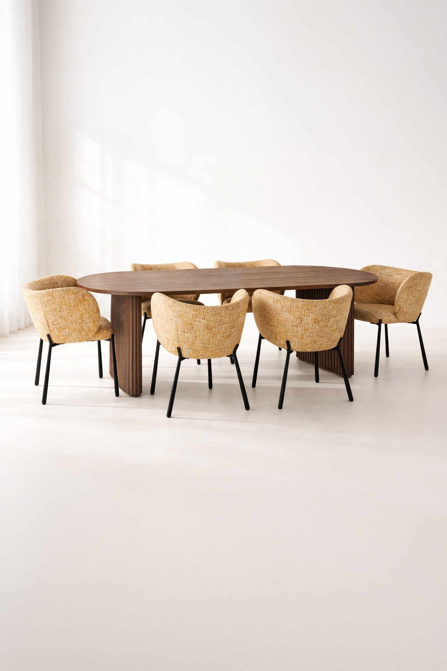Suzan - Ensemble Table Ovale - Effet Noyer/Tissu/Bois - Noyer