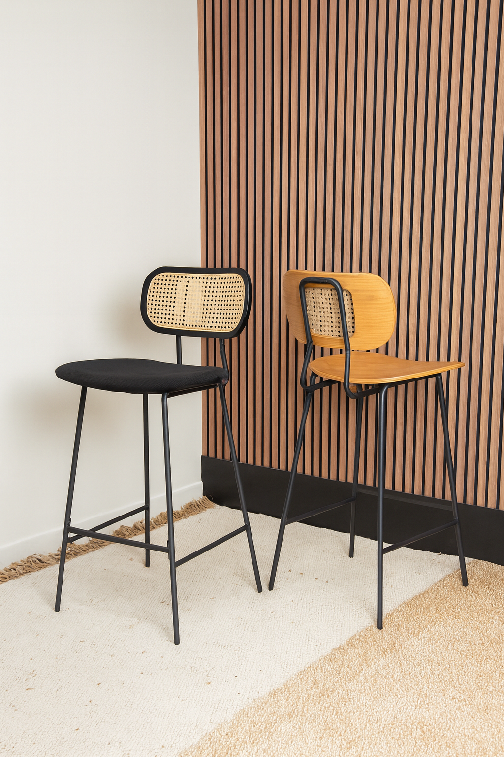 Nosara - Lot2 Chaise De Bar - Velours Cotelé/Rotin/Métal/Bois - Noir