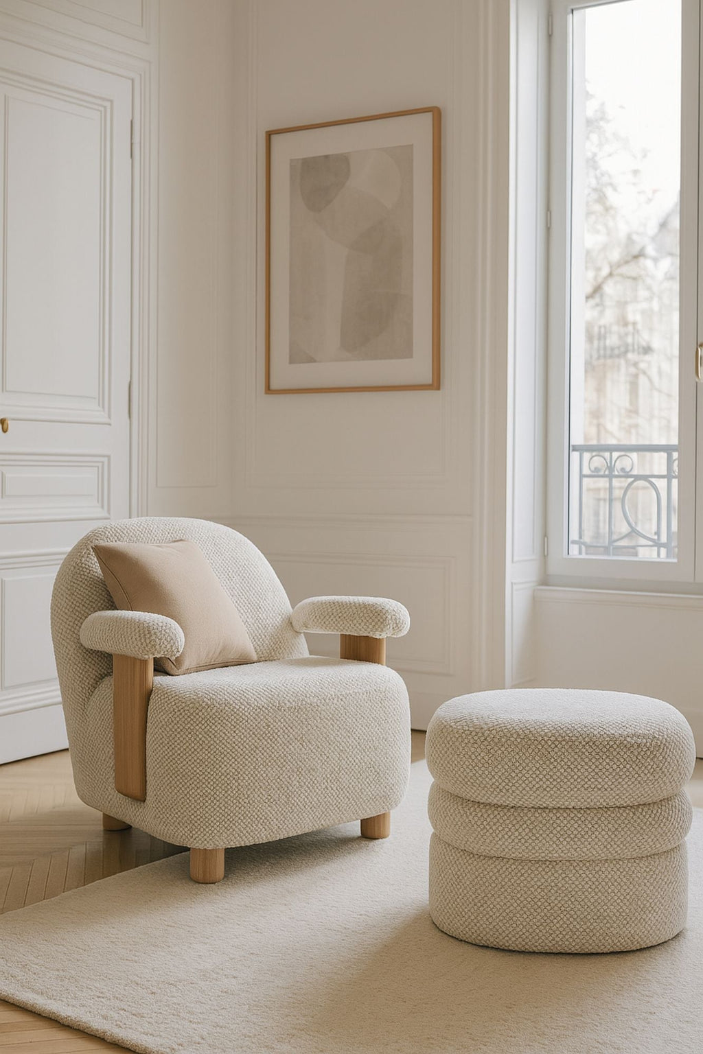 Ulysse - Fauteuil - Bouclette/Bois - Beige