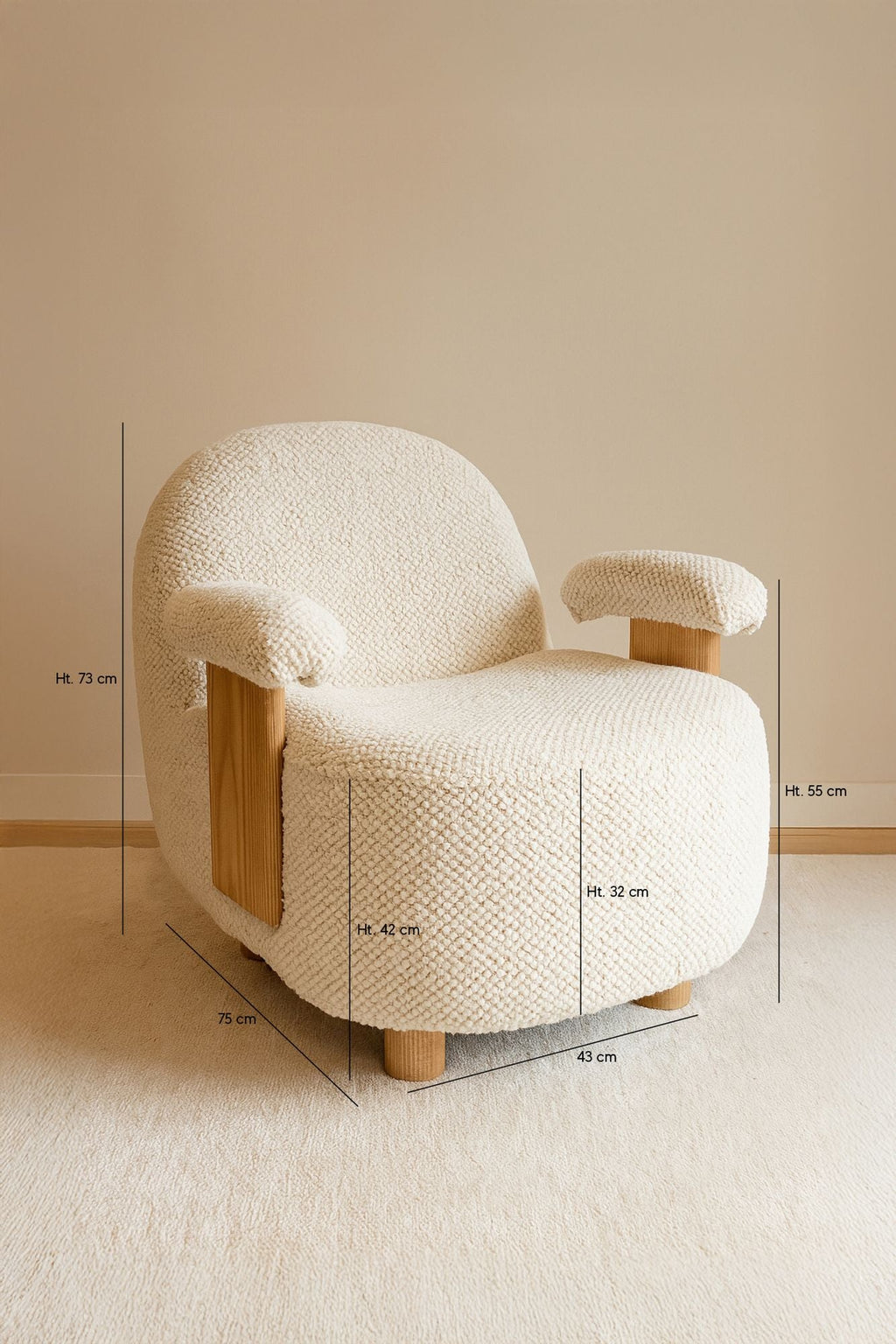 Ulysse - Fauteuil - Bouclette/Bois - Beige