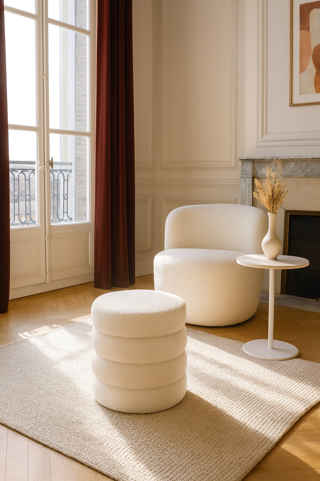 Malo - Pouf - Teddy/Tissu/Bois - Blanc