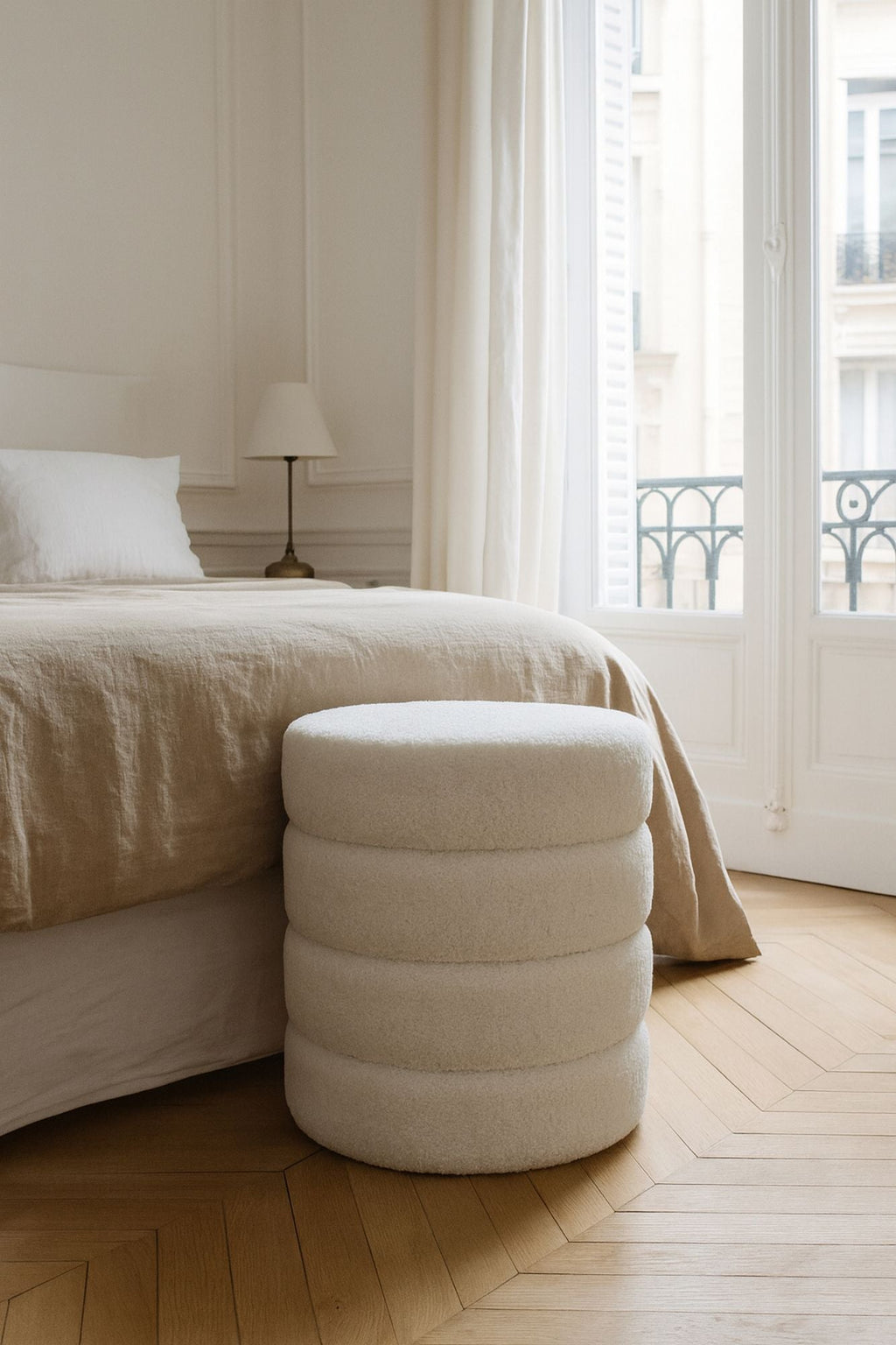 Malo - Pouf - Teddy/Tissu/Bois - Blanc