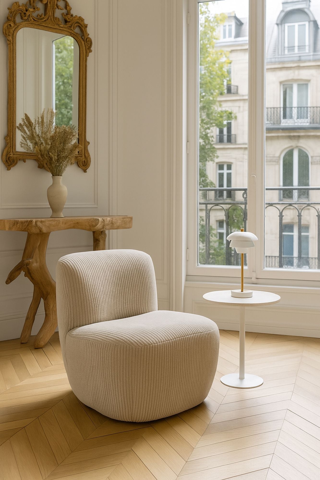 Côme - Fauteuil - Velours Cotelé/Tissu/Bois - Beige