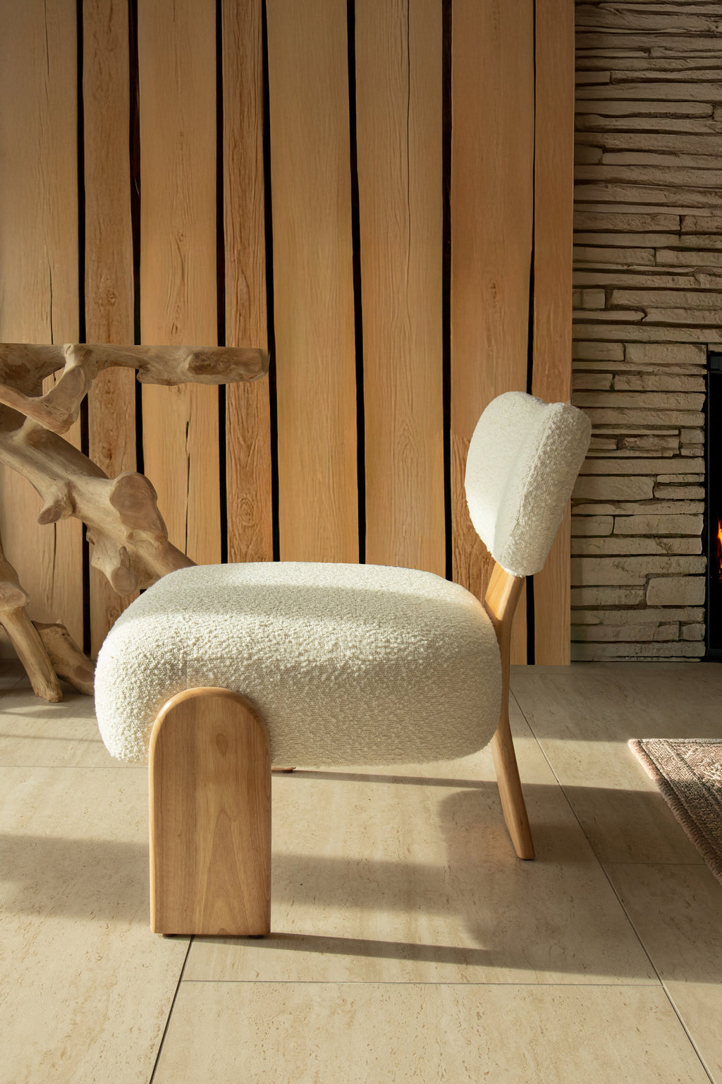 Hella - Fauteuil - Tissu Bouclette/Bois - Blanc
