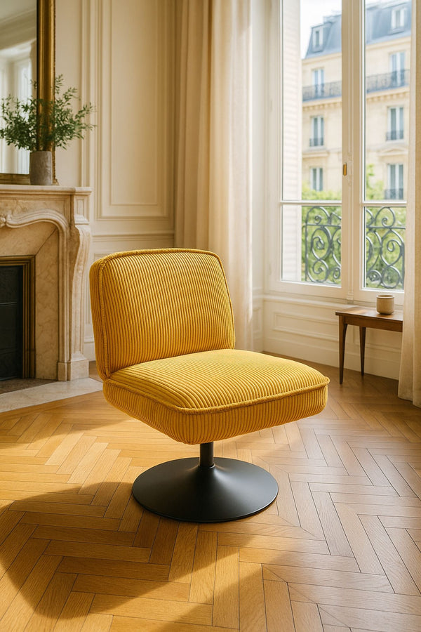 Funky - Fauteuil Pivotant - Velour Côtelé/Métal - Noir/Safran