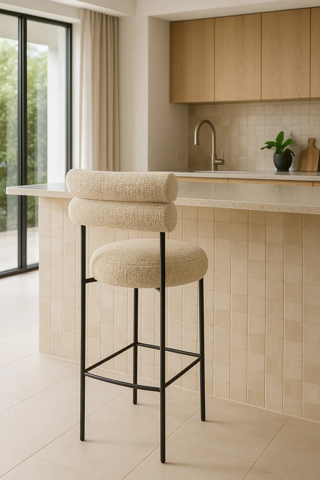Gina - Lot 2 Chaises De Bar - Tweed/Métal - Beige/Noir