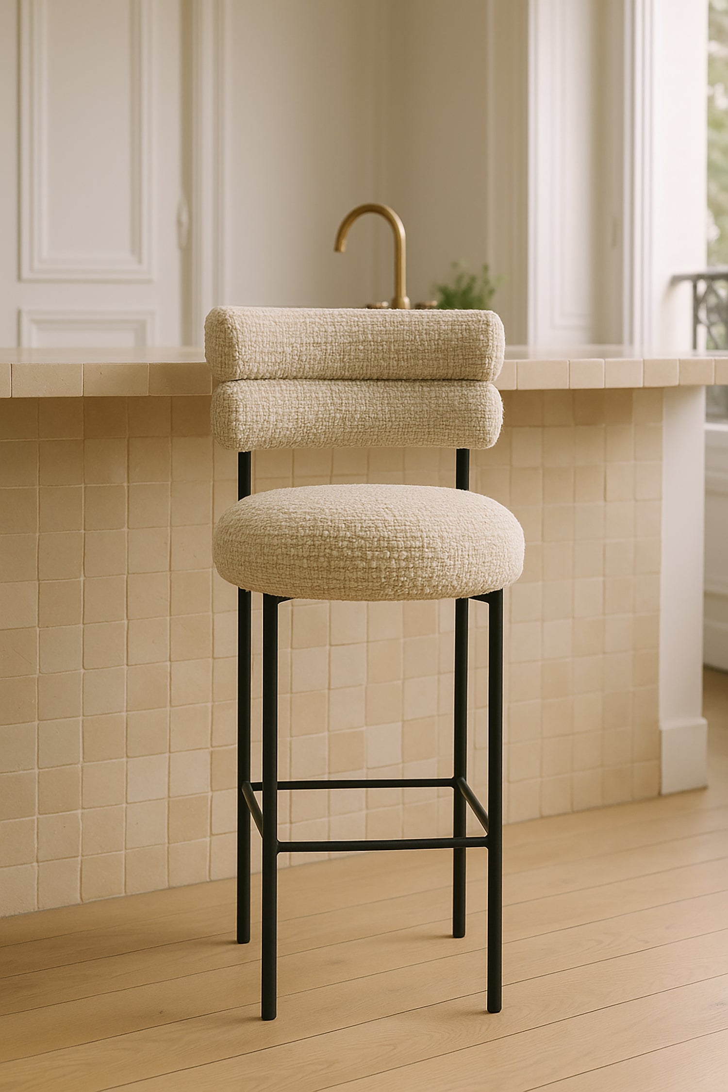 Gina - Lot2 Chaises De Bar - Tweed/Métal - Beige/Noir